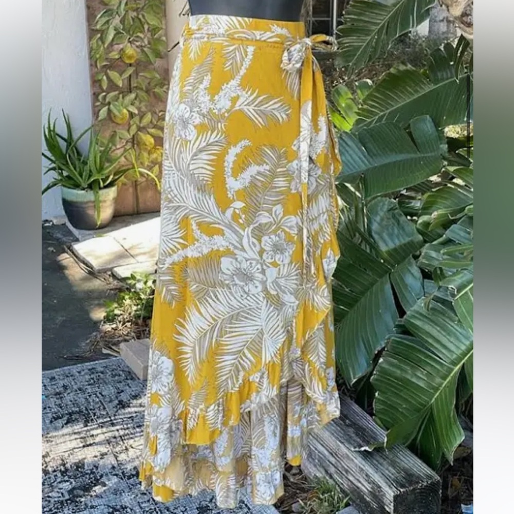 Anthropologie Solitaire Floral Asymmetric Ruffle Maxi Skirt Sz Medium